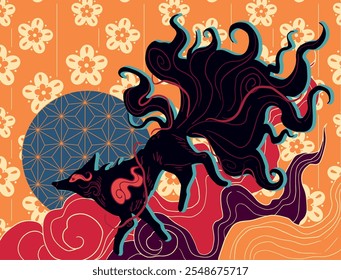 vector abstract illustration of fantasy creature nine tailed fox, folklore, mythology, fantasy art