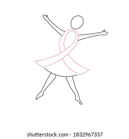 Vector abstract illustration of a female ballerina in a pink dress, breast cancer awareness concept.