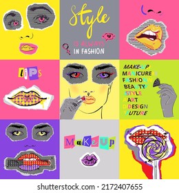 Vector abstract illustration of female face, lips, eyes, lollipop and text in collage style. Psychedelic background for the design of banners, prints, posters, advertising.Magazine clippings, pop-art.