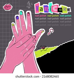 Ilustración vectorial abstracta de las manos femeninas. Fondo trippy en técnica de collage. Diseño psicodélico brillante. Salón de belleza.