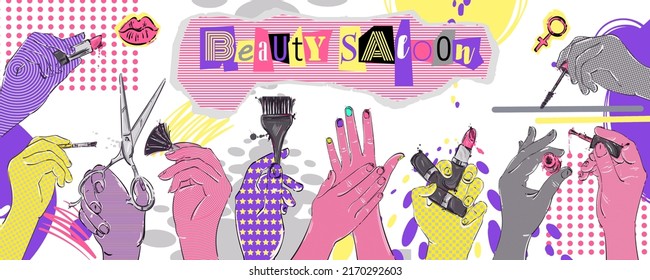 Ilustración vectorial abstracta con manos femeninas y cosméticos. Salón de belleza. Fondo trippy en técnica de collage. Diseño psicodélico brillante.