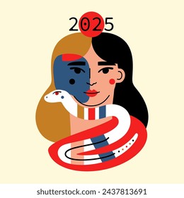 Vector abstract illustration with female head and white snake. 2025 new year celebration poster, greeting card template.