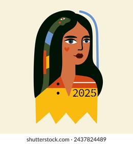 Vector abstract illustration with female head and white snake. 2025 new year celebration poster, greeting card template.