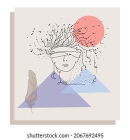 Vector abstract illustration. Female surreal face with dry trees and branches in the head and blindfold, against a background of geometric shapes and a feather. Surreal illustration. 