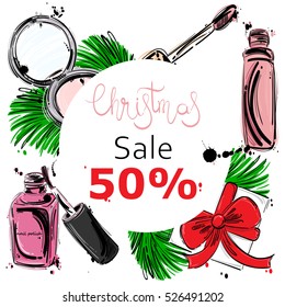 Vector abstract illustration with fir branches, gift, nail polish, lipstick and powder. Christmas trendy banner for your design. Christmas sale.