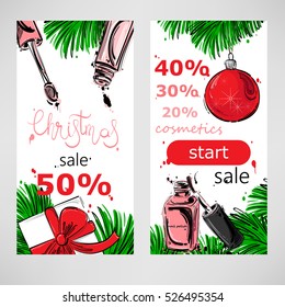 Vector abstract illustration with fir branches, Christmas ball, gifts, nail polish and lip gloss. Trendy New Year banner for your design. Christmas sale.