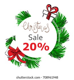 Vector abstract illustration with fir branches, fir cones, gifts. Christmas sale.