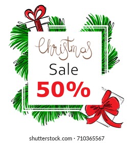 Vector abstract illustration with fir branches, gifts. Christmas sale.