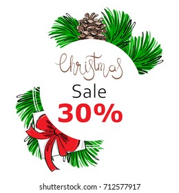 Vector abstract illustration with fir branches, fir cones, gifts. Christmas sale.