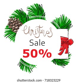 Vector abstract illustration with fir branches, fir cones, gifts. Christmas sale.