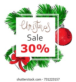 Vector abstract illustration with fir branches, Christmas ball, gifts. Christmas sale.