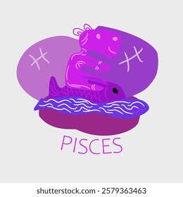 Vector abstract illustration of fish sign. Horoscope, Pisces. Abstract animal sitting on the back of a fish floating on the surface. Abstract illustration, horoscope, sign pisces