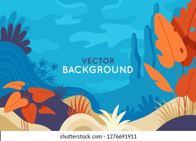 Vector abstract illustration in flat linear style and bright colors -  nature landscape illustration with plants, trees and copy space for text for banners, posters and placards