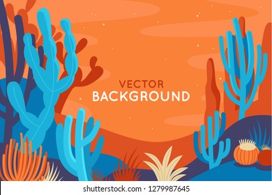 Vector abstract illustration in flat linear style and bright colors -  nature landscape illustration with plants, trees and copy space for text for banners, posters and placards