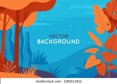 Vector abstract illustration in flat linear style and bright colors -  nature landscape illustration with plants, trees and copy space for text for banners, posters and placards