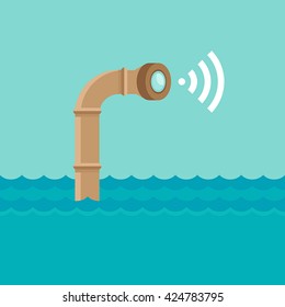 Vector abstract illustration in flat style - periscope in the sea water - surveillance and control concept - social network broadcasting