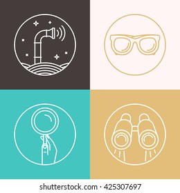 Vector abstract illustration in flat style - periscope, binoculars, glasses, magnifier - surveillance and control concept - social network broadcasting