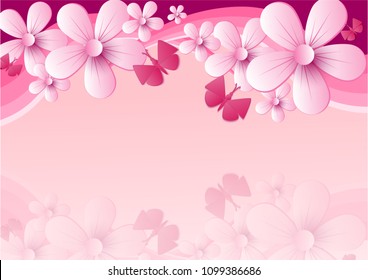 Vector abstract illustration. flower blossoms and butterfly  with rainbow on light Pink color background, colorful, pastel style You can put your text on copy space