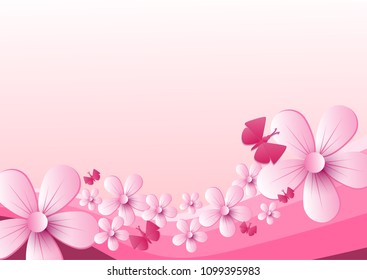 Vector abstract illustration. flower blossoms and butterfly  with rainbow on light Pink color background, colorful, pastel style You can put your text on copy space