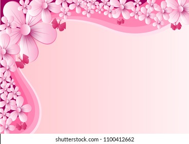 Vector abstract illustration. flower blossoms and butterfly  with rainbow on light Pink color background, colorful, pastel style You can put your text on copy space