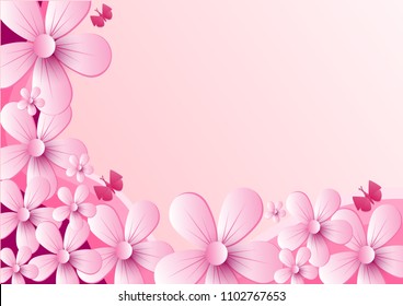 Vector abstract illustration. flower blossoms and butterfly  with rainbow on light Pink color background, colorful, pastel style You can put your text on copy space