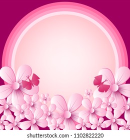 Vector abstract illustration. flower blossoms and butterfly  with rainbow on light Pink color background, colorful, pastel style You can put your text on copy space