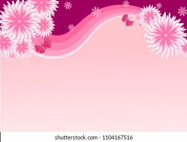 Vector abstract illustration. flower blossoms and butterfly  with rainbow on light Pink color background, colorful, pastel style You can put your text on copy space