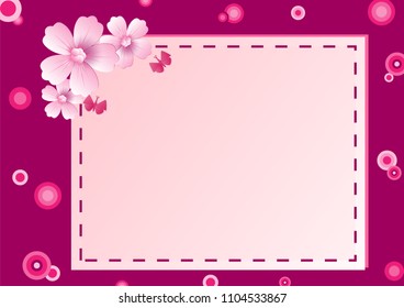 Vector abstract illustration. flower blossoms and butterfly on Pink color background, colorful, pastel style You can put your text on copy space, greeting card.