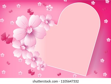 Vector abstract illustration. flower blossoms and butterfly on heart Pink color background, colorful, pastel style You can put your text on copy space, Card for greeting or congratulation.