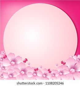 Vector abstract illustration. flower blossoms and butterfly  with circle on light Pink color background, colorful, pastel style You can put your text on copy space