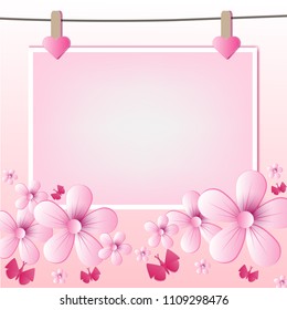 Vector abstract illustration. flower blossoms and butterfly on light Pink color background, whiteboard. colorful, pastel style You can put your text on copy space. Card for greeting or congratulation