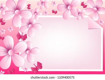 Vector abstract illustration. flower blossoms and butterfly on light pink color background. colorful, pastel style You can put your text on copy space. Card for greeting or congratulation.