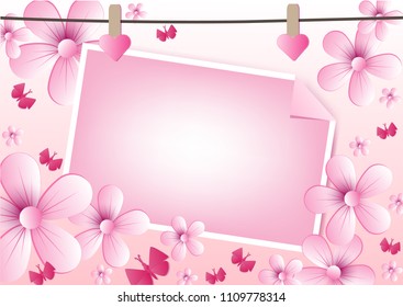 
Vector abstract illustration. flower blossoms and butterfly on light Pink color background. colorful, pastel style You can put your text on copy space. Card for greeting or congratulation.