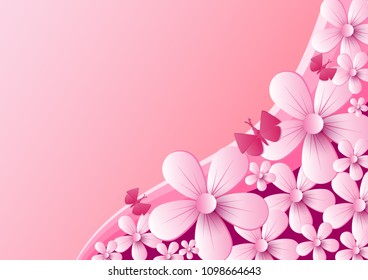 Vector abstract illustration. flower and Butterfly blossoms on light Pink color background, colorful, pastel style
