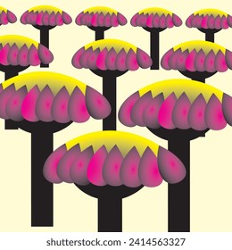 Vector abstract illustration of a flower with purple leaves and a yellow center. The effect of flowers planted in the surface. Effect, optical illusion, abstract illustration, flowers, petals.