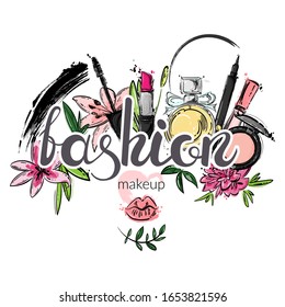 Vector abstract illustration with flowers and cosmetics. Lettering. Fashion makeup