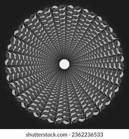 Vector abstract illustration in the form of gray and white patterns arranged in a circle on a black background