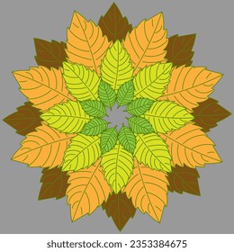 Vector abstract illustration in the form of a pattern of autumn leaves arranged in a circle on a gray background