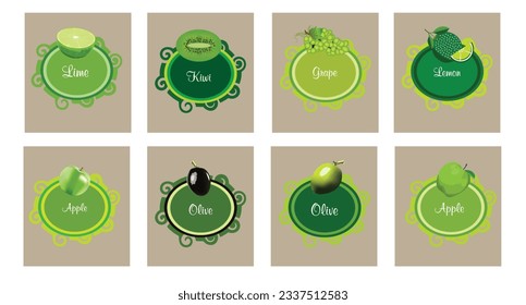 vector abstract illustration of fruits and vegetables label useful for food packaging designs. kiwi, lemon, lime, apple, olive, grape. 