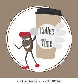 Vector, abstract illustration of funny, coffee bean with a cup of coffee. For graphic and web design.