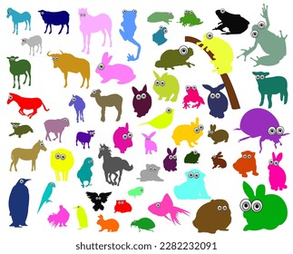 vector abstract illustration of funny colorful animals with cartoon eyes in different positions
