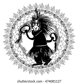 Vector abstract illustration of funny shaman with smiling mask and feathers. Black ink print in grunge style, doodle frames  