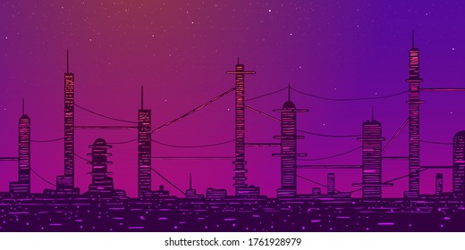 Vector abstract illustration of future city. Skyscrapers on pink sunset.