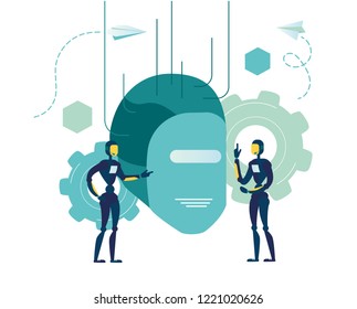 Vector abstract illustration, futuristic cyberpunk design, cyborgs work on surrealistic project, modern nano technology