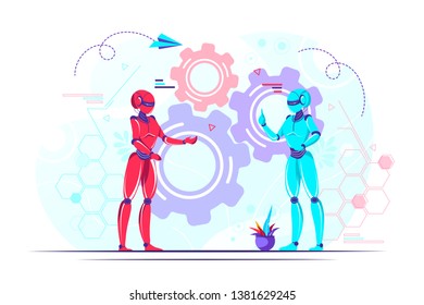 Vector abstract illustration, futuristic cyberpunk design, cyborgs work on surrealistic project, modern nano technology