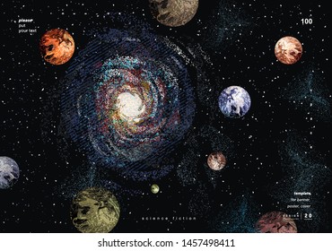 Vector Abstract Illustration Of A Galaxy And Space With Planets Earth And Mars. A Drawing Of A Night Starry Sky For A Pattern, Background Or Texture.
