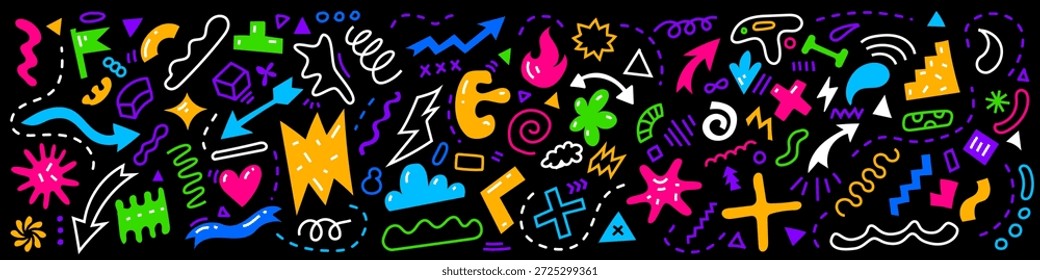 Ilustración abstracta de Vector con línea geométrica y forma sobre fondo negro. Conjunto de diseño de abstracción de estilo doddle plano con forma de geometría y flecha. Concepto de patrón de elemento de forma abstracta brillante
