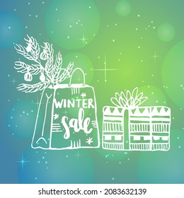 Vector abstract illustration with gift bag, Christmas tree branch and box on starry, bright, galactic background. Concept of winter, season, Christmas, New Year, holidays, etc.