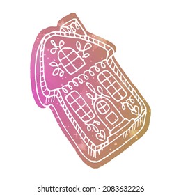 Vector abstract illustration of gingerbread Christmas house. Texture galactic, bright, pink, starry sky. Concept Christmas, Winter, New Year, sweets, pastries. You can use element in web design, etc.
