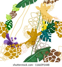 vector abstract  illustration of giraffe in jungle on white seamless background, for use in design, for fabrics, Wallpaper, textiles, paper